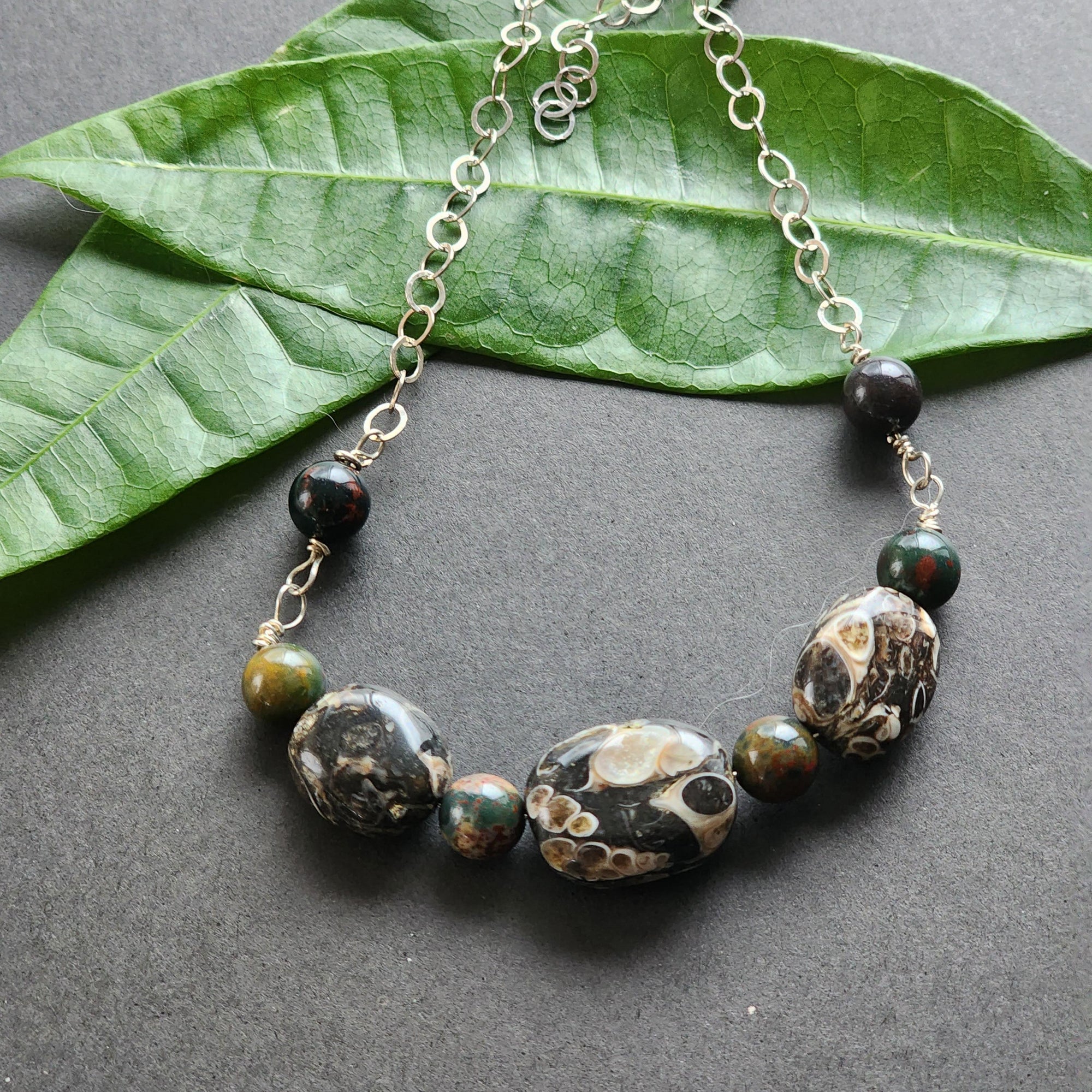 Sterling Silver Necklace with Turritella Agate & Bloodstone