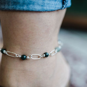 Bridget - Sterling Paper Clip Bracelet with Bloodstone Beads