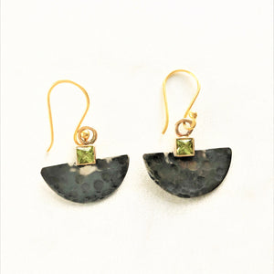 Blair - Oxidized Textured Sterling Silver Half Moon Drop Earrings, Peridot in 14K Square Tube Bezel