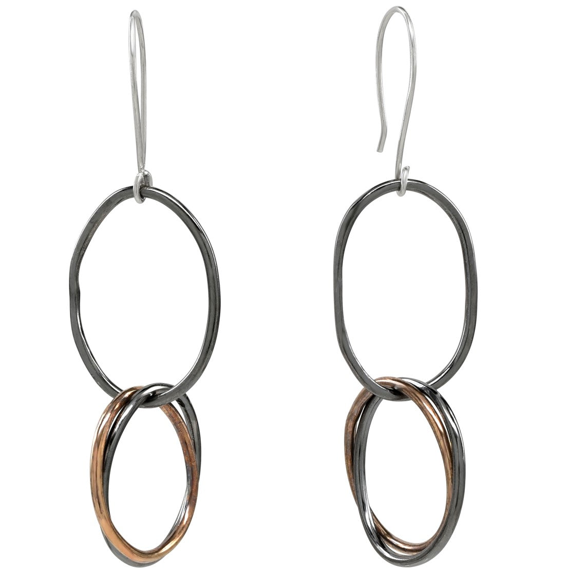 Silvia - Oxidized Sterling Silver & 14K Yellow Gold Mobius Rings Dangle Earrings