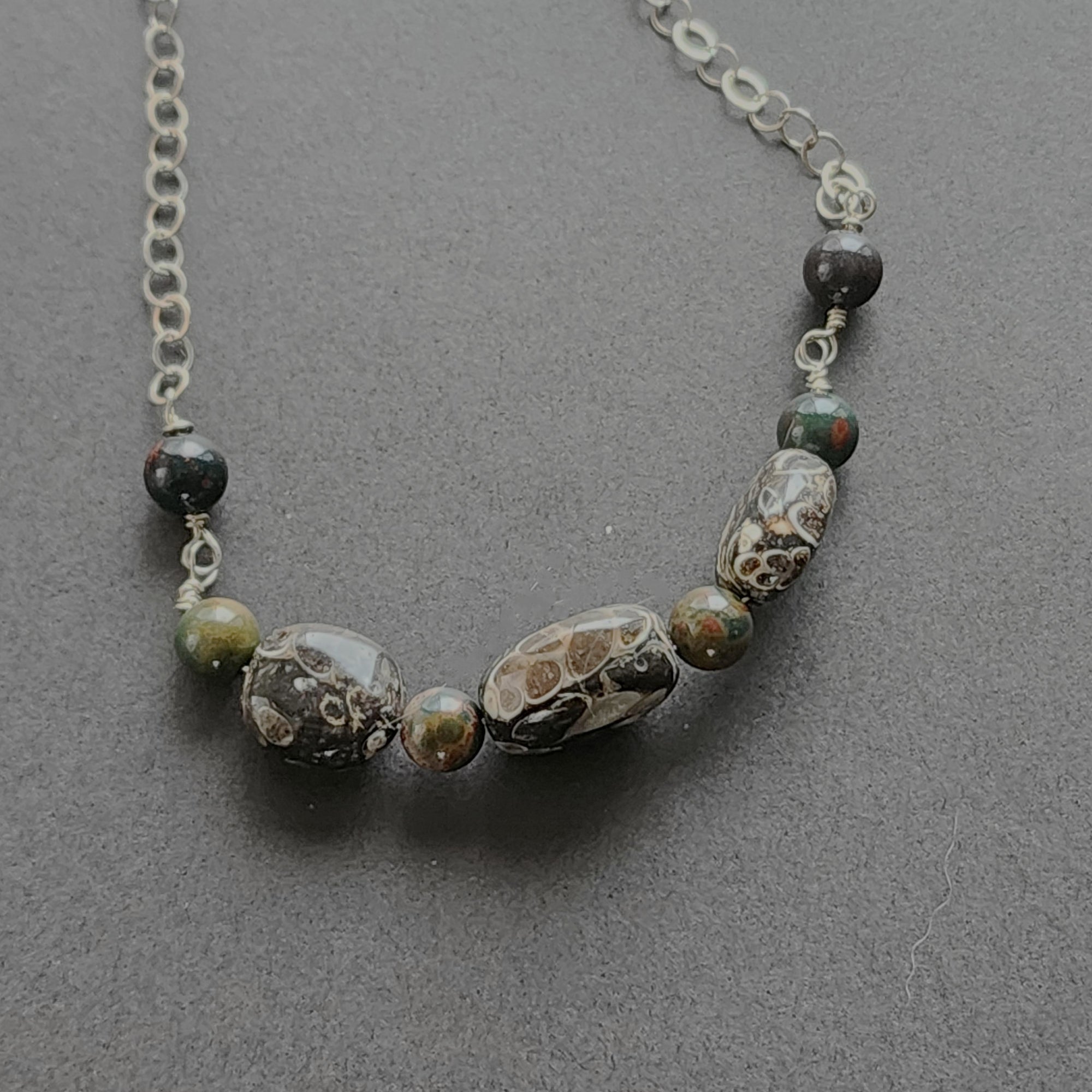 Sterling Silver Necklace with Turritella Agate & Bloodstone