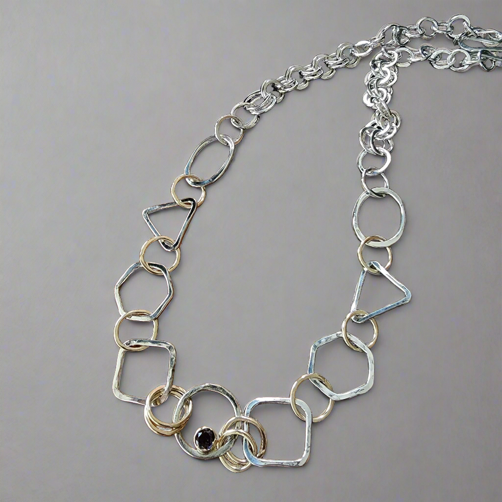 Morgan Geometric Statement Necklace, 14K Yellow Gold, Sterling Silver, Iolite Gemstone