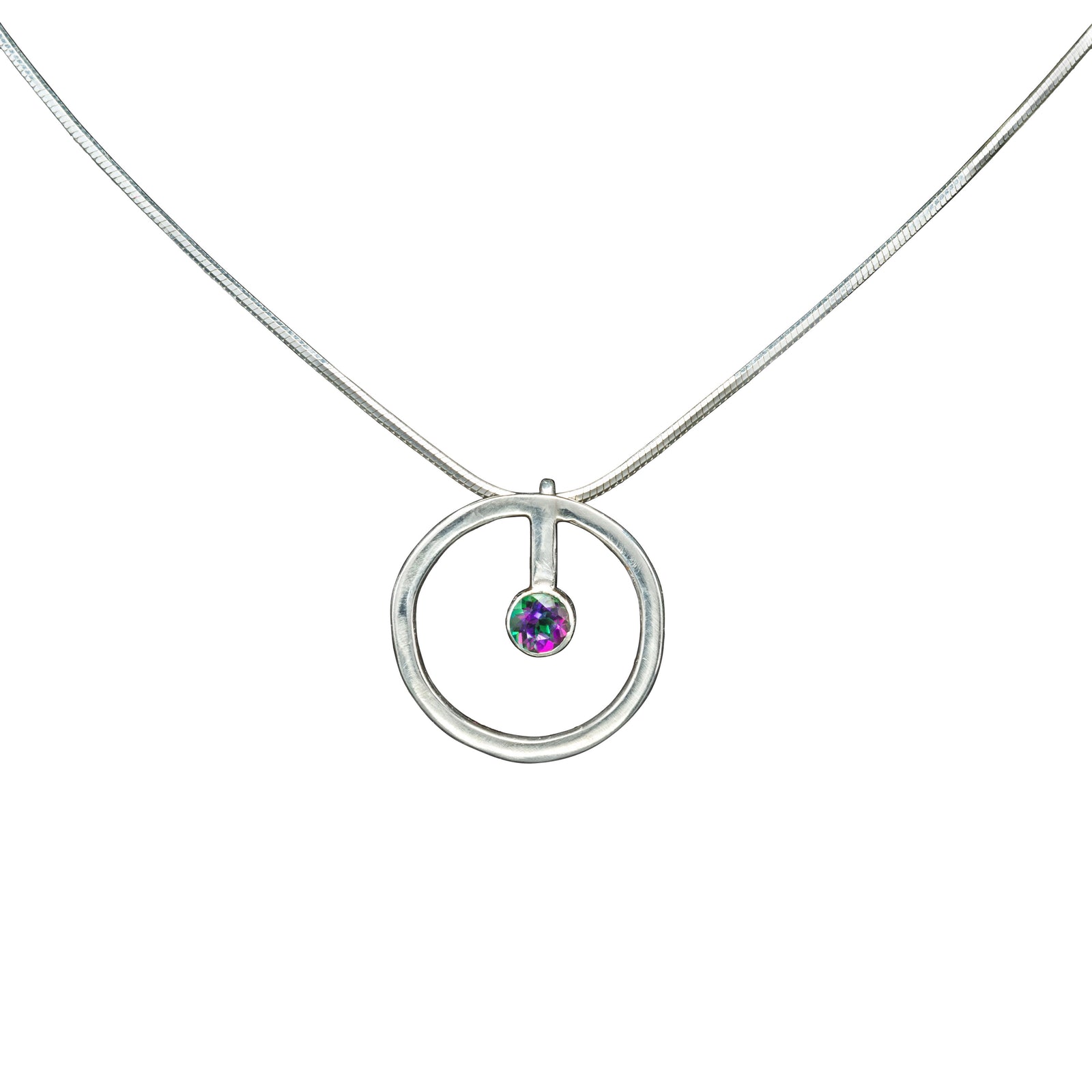 Sterling silver circle necklace with green mystic topaz in a tube bezel