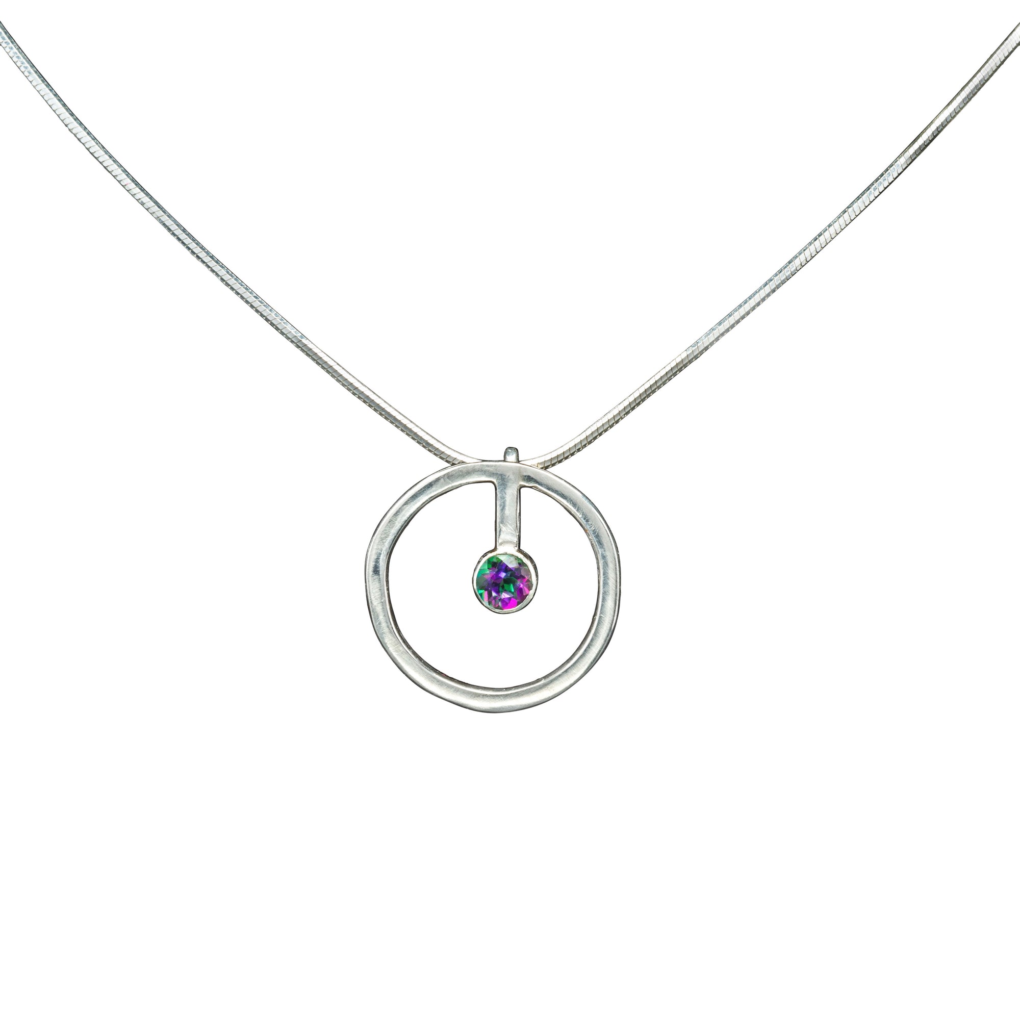 Sterling silver circle necklace with green mystic topaz in a tube bezel