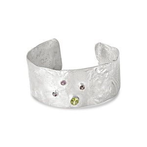 Athena - Reticulated Sterling Silver Wide Cuff Bracelet, Amethyst, Peridot, Green Mystic Topaz