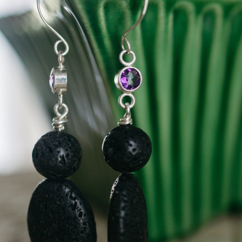 Alane Black Lava & Amethyst Earrings