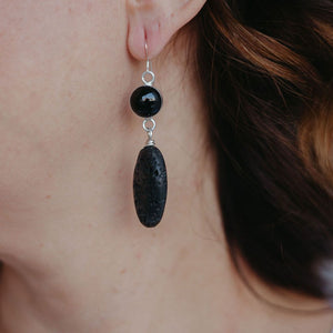 Moana Dangle Earrings, Black Lava Bead, Black Onyx