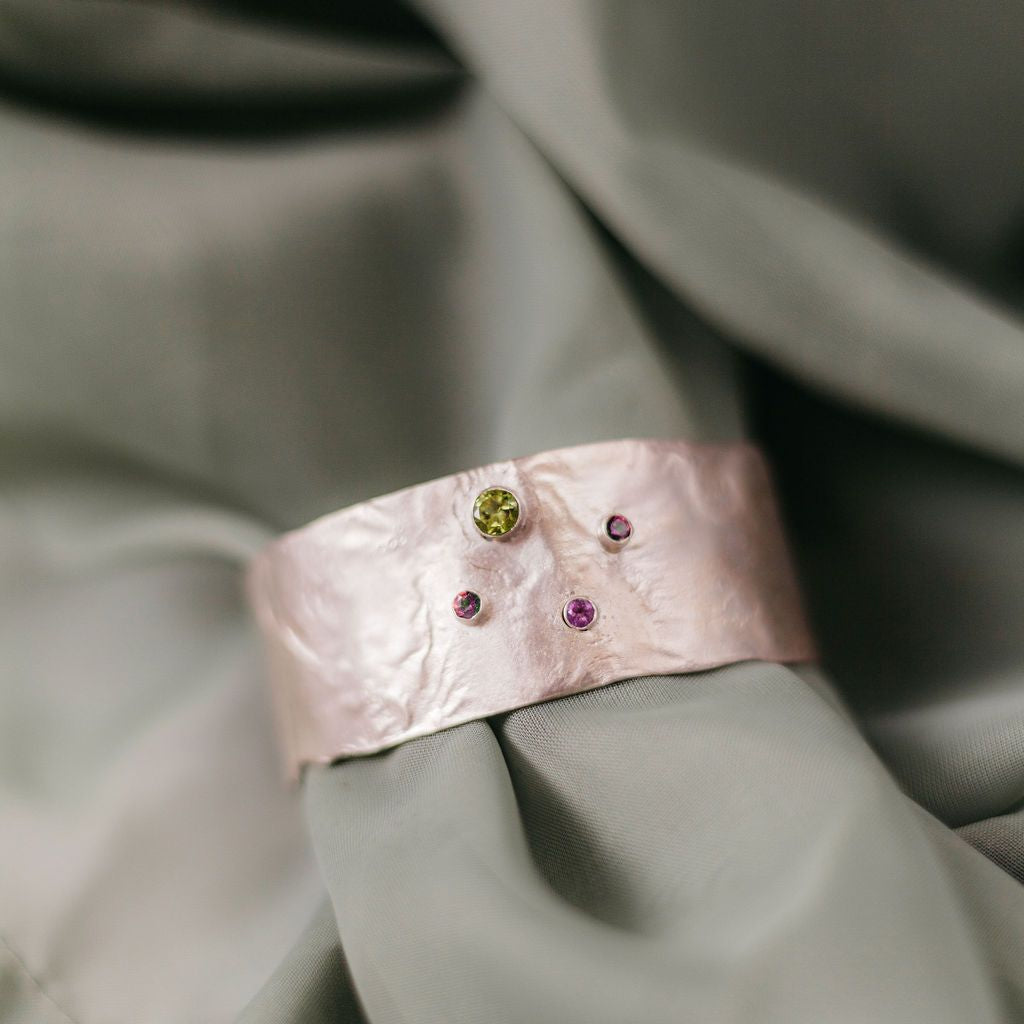 Athena - Reticulated Sterling Silver Wide Cuff Bracelet, Amethyst, Peridot, Green Mystic Topaz