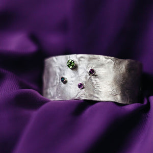 Athena - Reticulated Sterling Silver Wide Cuff Bracelet, Amethyst, Peridot, Green Mystic Topaz