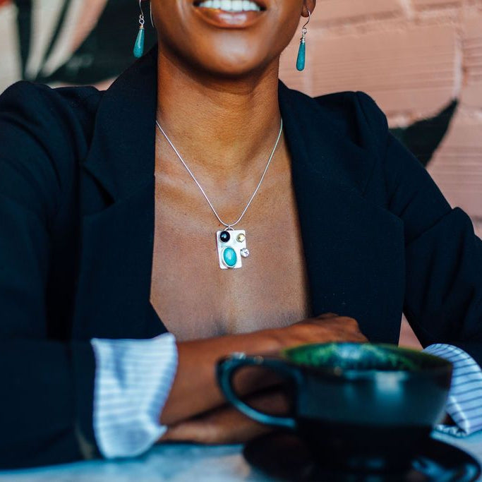 Juliana - Sterling Silver Square Pendant, Amazonite, Black Onyx, Citrine, White Topaz