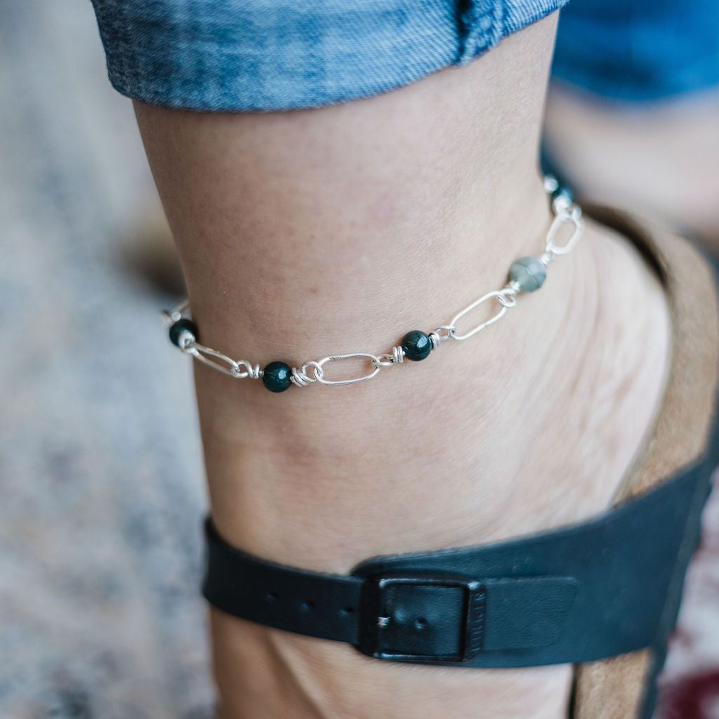 Bridget - Sterling Paper Clip Bracelet with Bloodstone Beads
