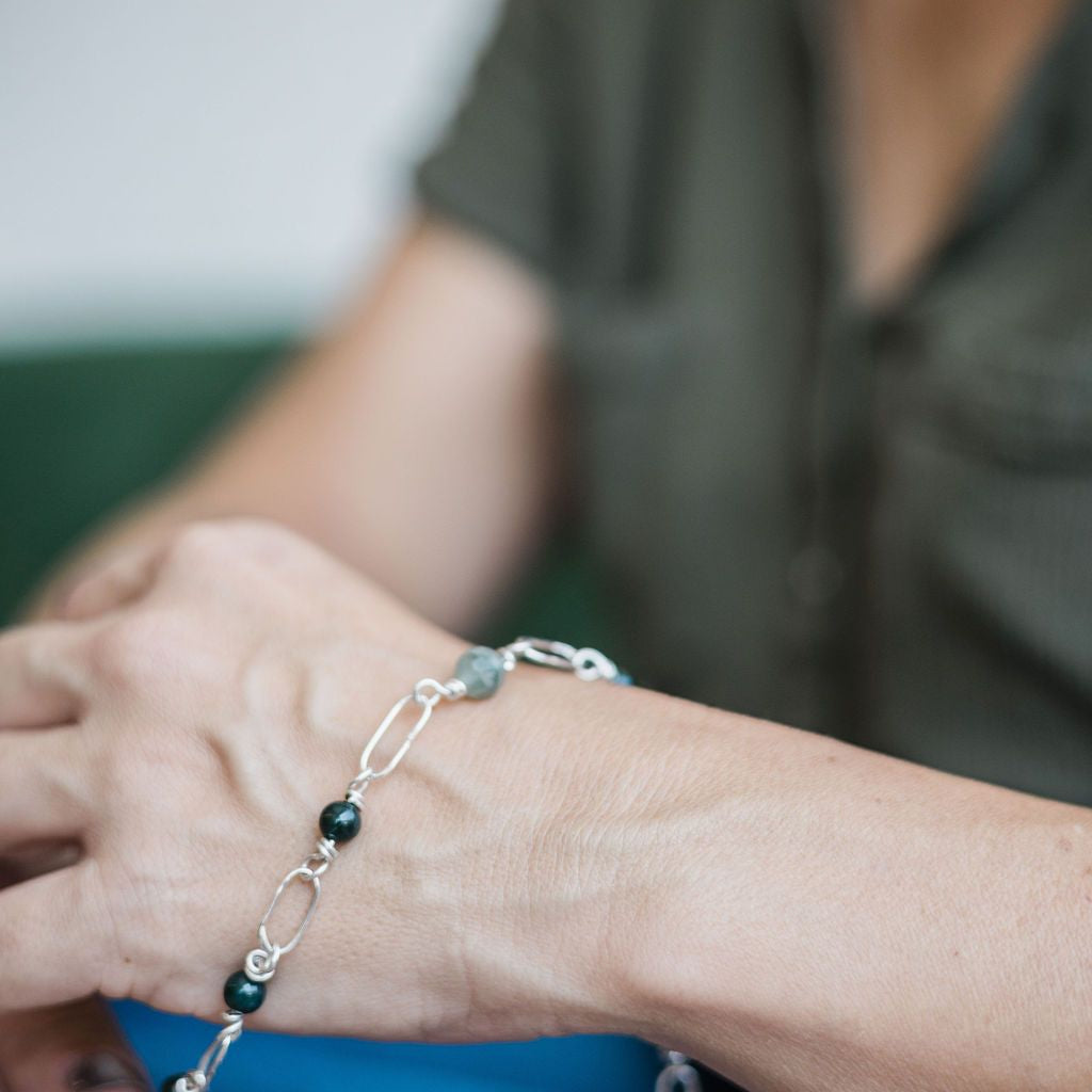 Bridget - Sterling Paper Clip Bracelet with Bloodstone Beads