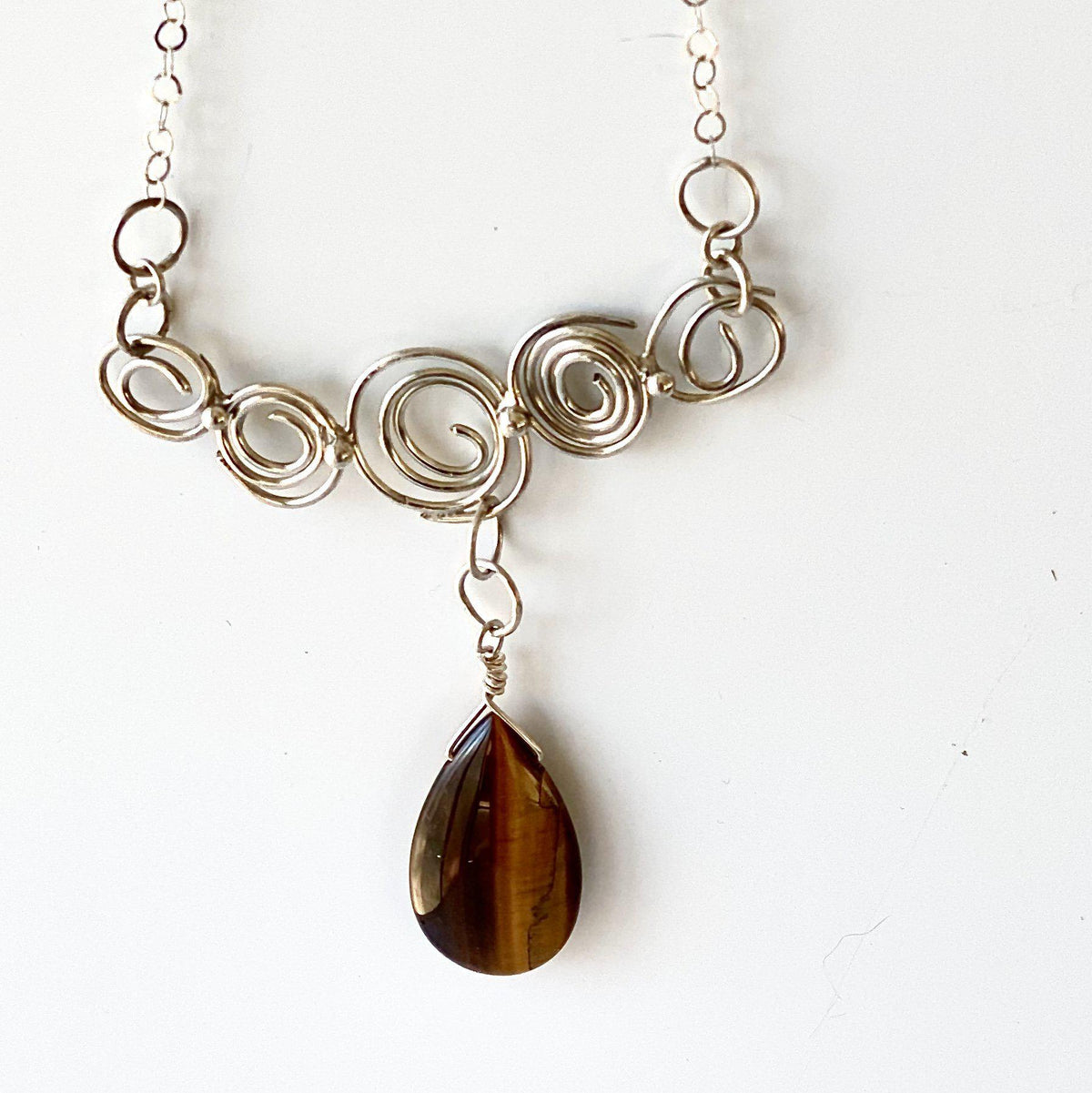 Hannah - Sterling Silver Statement Spiral Bar Necklace, Tiger's Eye