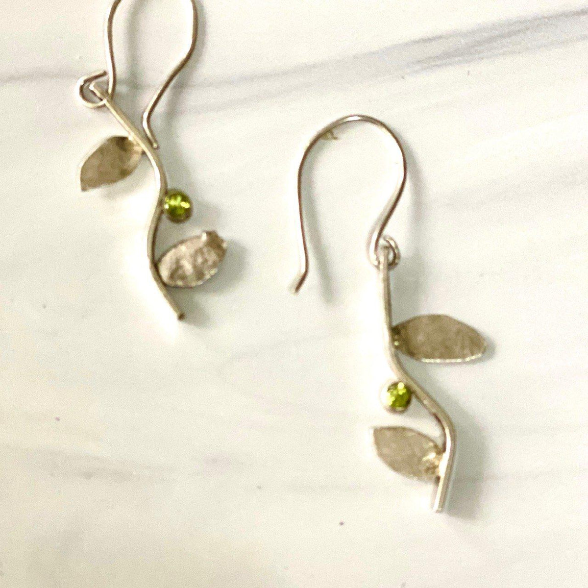 Flora - Sterling Silver Leaf Earrings, Peridot