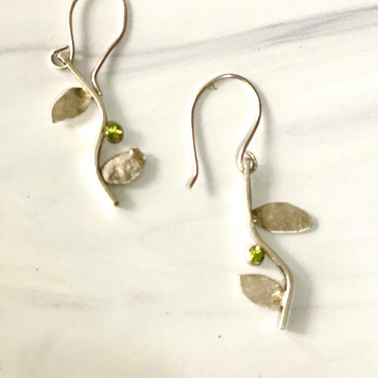 Flora - Sterling Silver Leaf Earrings, Peridot
