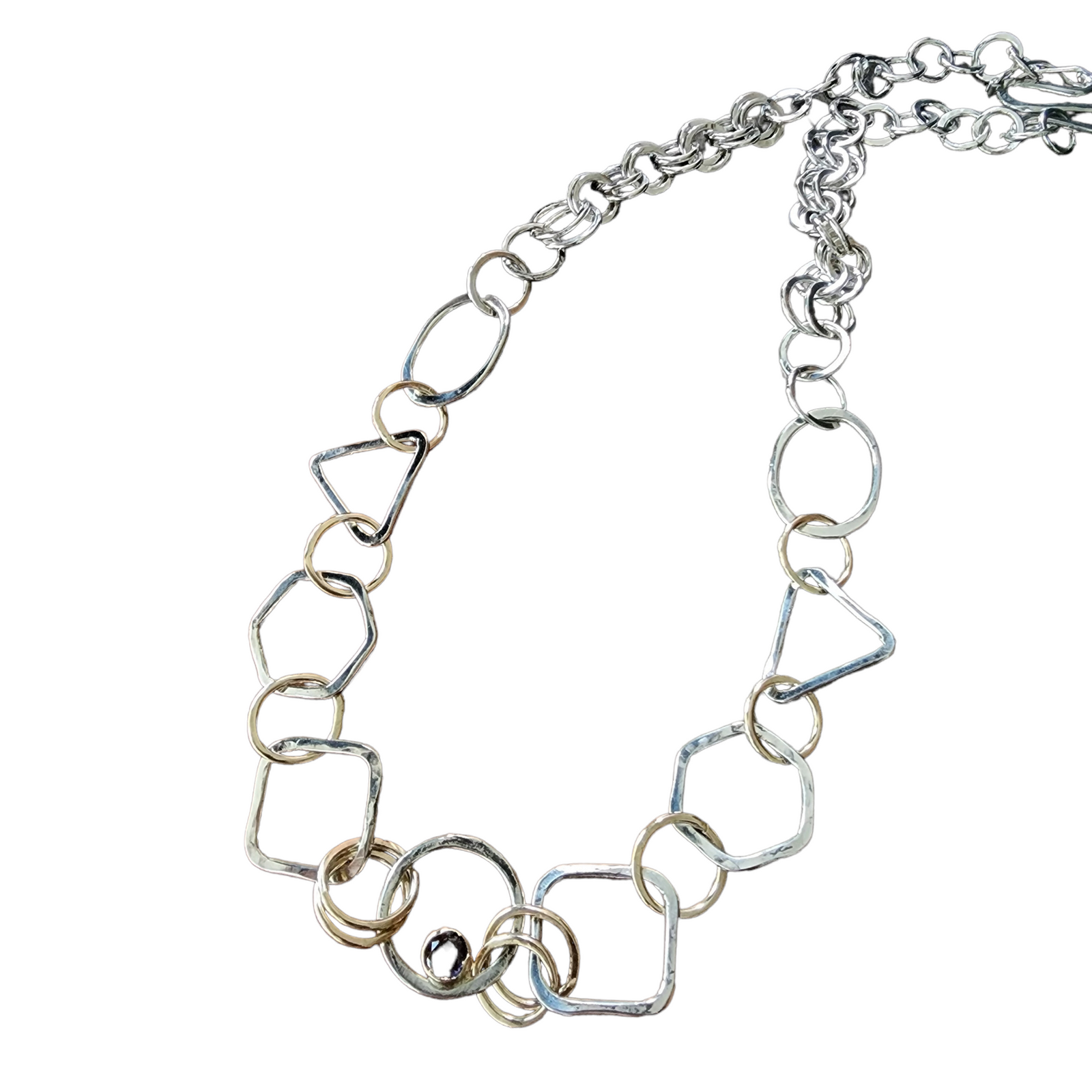 Morgan Geometric Statement Necklace, 14K Yellow Gold, Sterling Silver, Iolite Gemstone