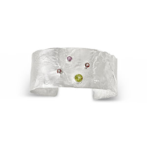 Athena - Reticulated Sterling Silver Wide Cuff Bracelet, Amethyst, Peridot, Green Mystic Topaz