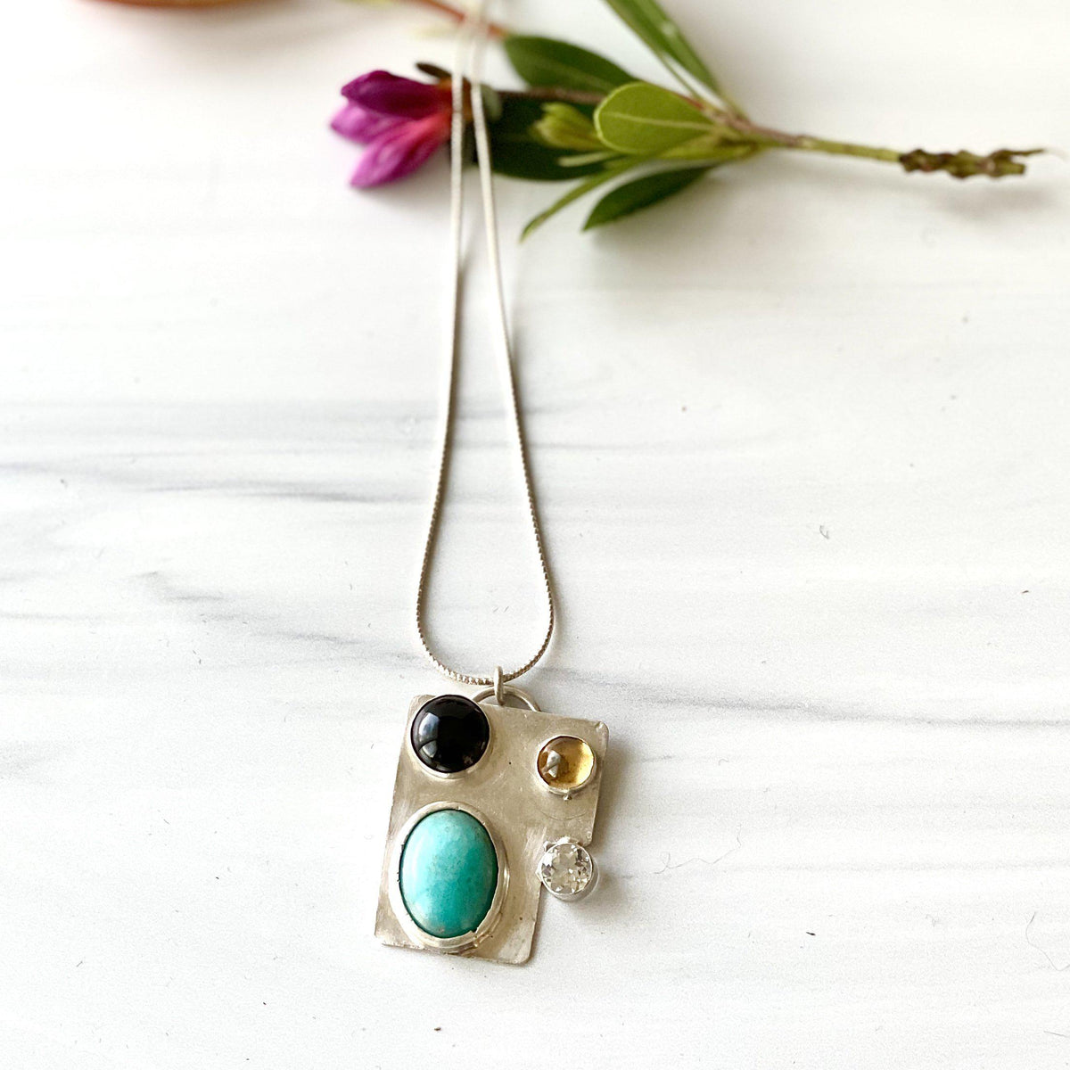 Juliana - Sterling Silver Square Pendant, Amazonite, Black Onyx, Citrine, White Topaz