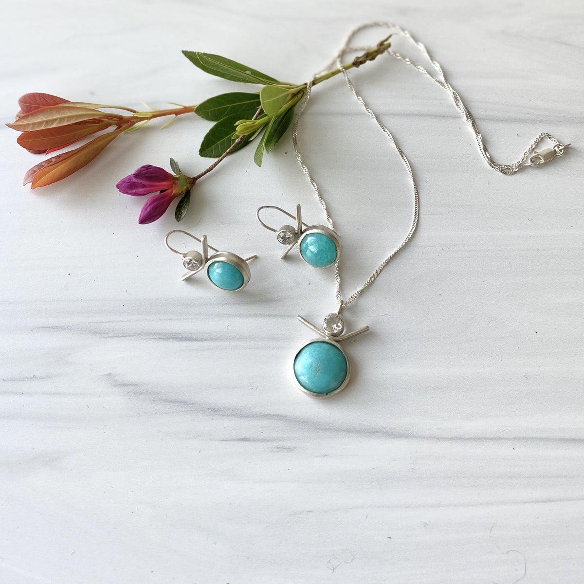 Francisca- Sterling Silver Drop Earrings, Amazonite, White Topaz