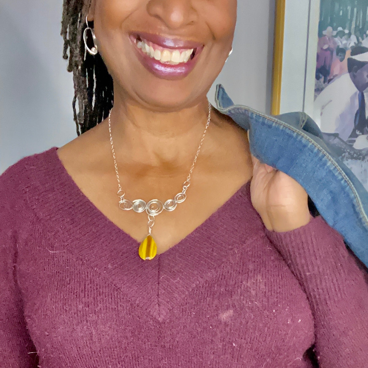 Hannah - Sterling Silver Statement Spiral Bar Necklace, Tiger's Eye