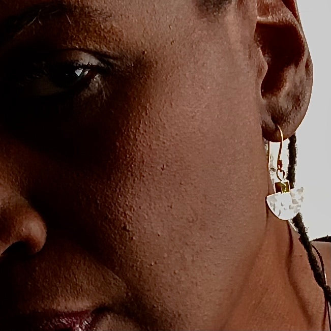 Blair -  Oxidized Textured Sterling Silver Half Moon Drop Earrings, Peridot in 14K Square Tube Bezel