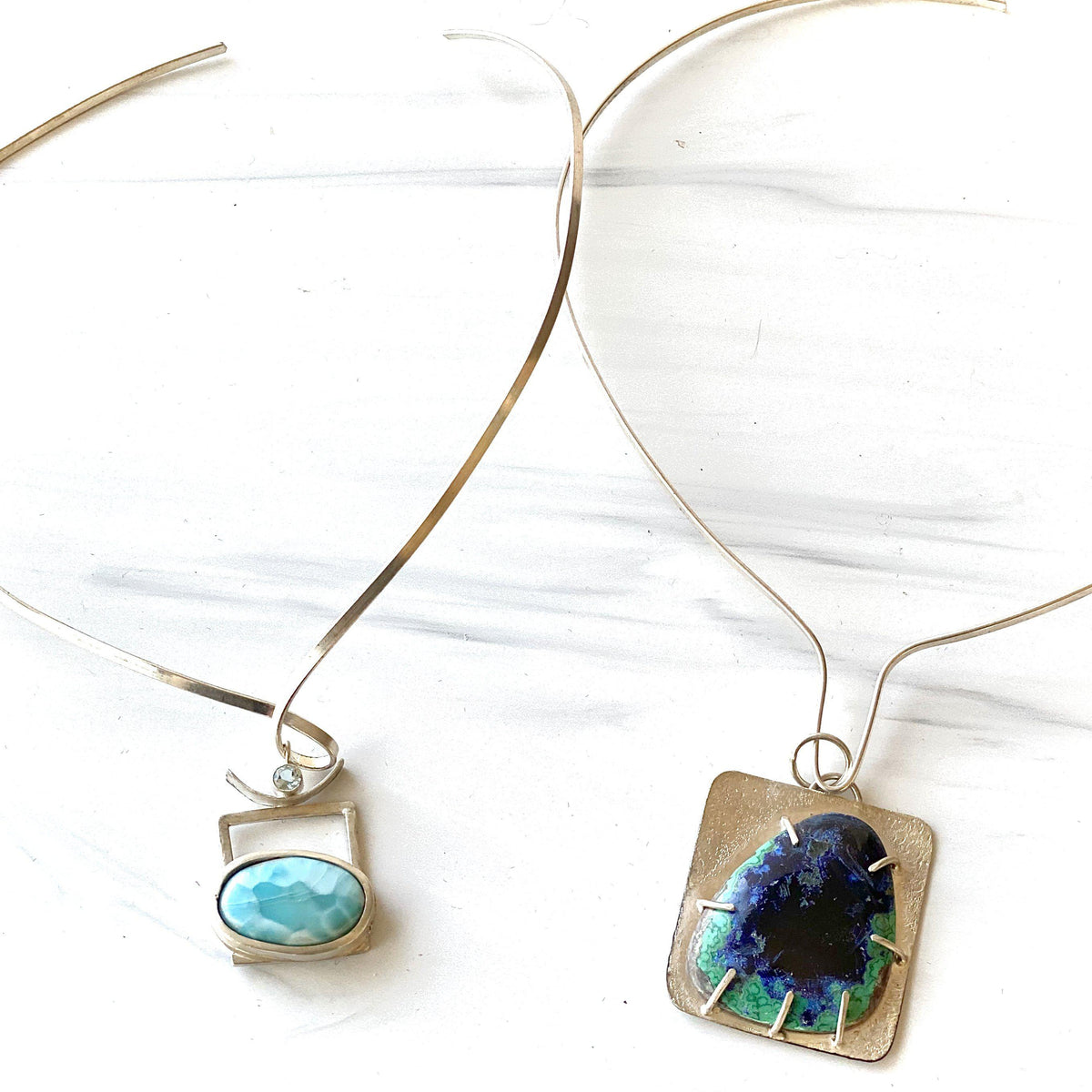 Heda - Sterling Silver Square Necklace with Azurite-Malachite