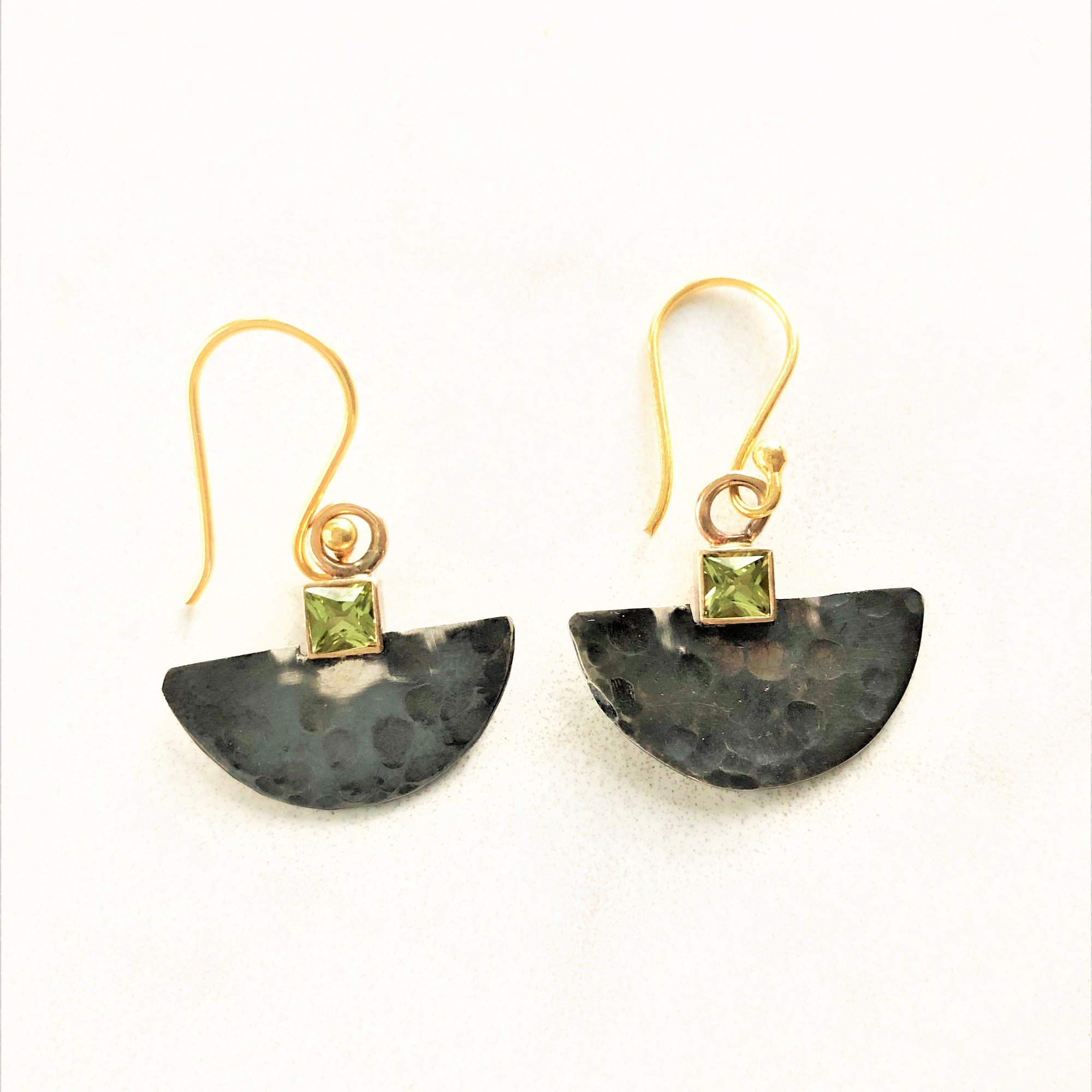 Blair -  Oxidized Textured Sterling Silver Half Moon Drop Earrings, Peridot in 14K Square Tube Bezel